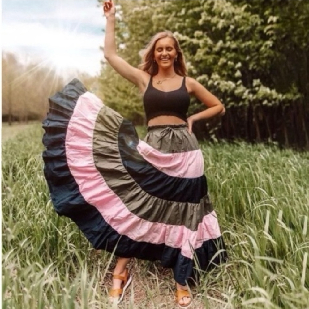 Anthropologie HUTCH Penelope Tiered Maxi Skirt Pink‎ Olive Dark Navy Small